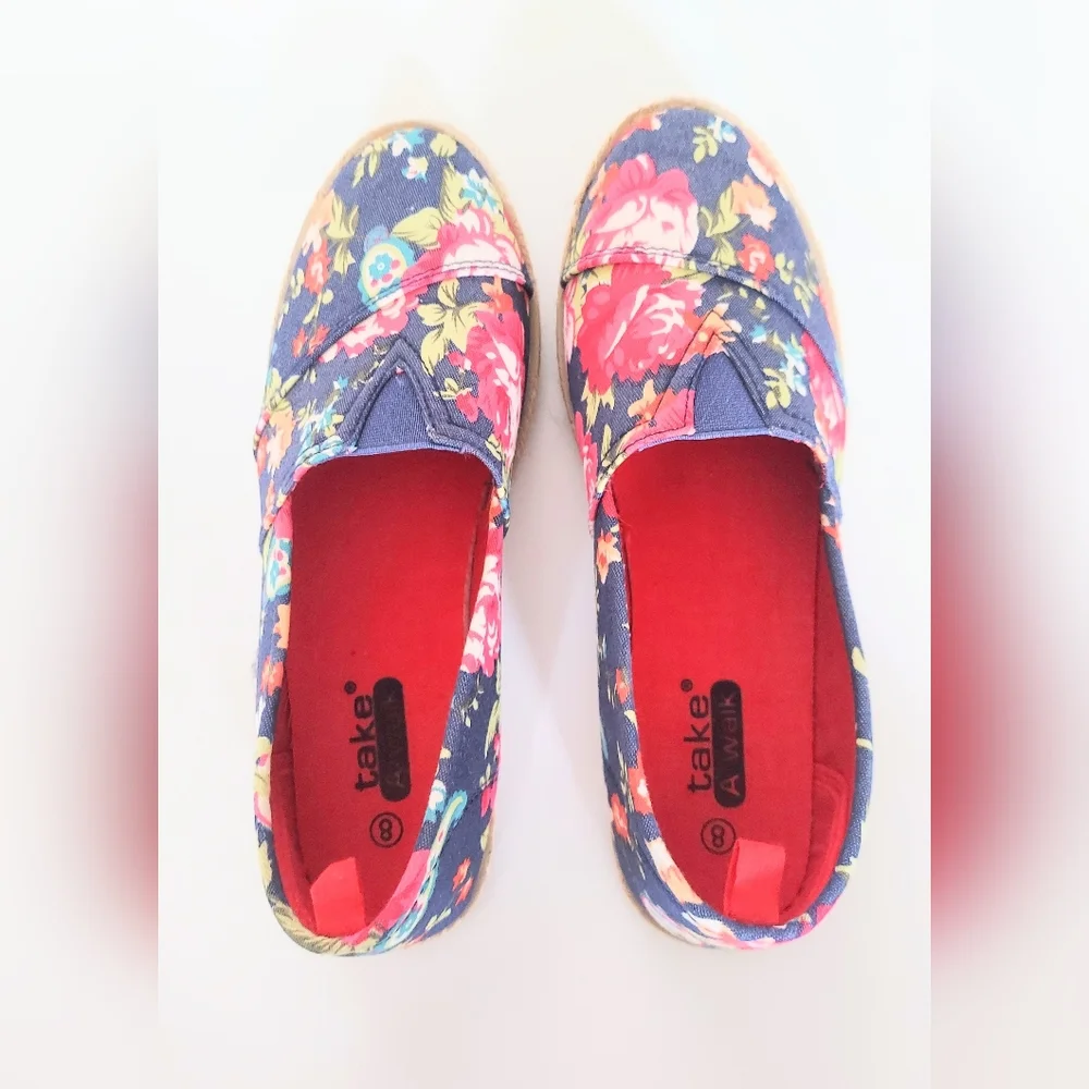 Take A Walk Floral Print Espadrile Flats Blue Pink Size 8